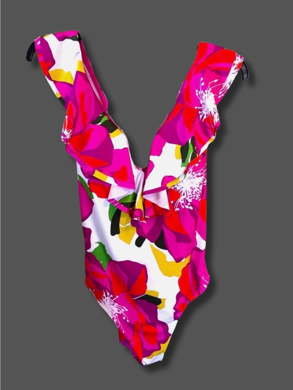 Trina Turk Bloom Floral One Piece Swimsuit Size 10 Plunge Ruffle Pink Red